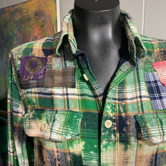 UpcycledAeropostale Green Plaid Bleached Flannel Denim Vintage Fabric Patchwork - Picture 3 of 8